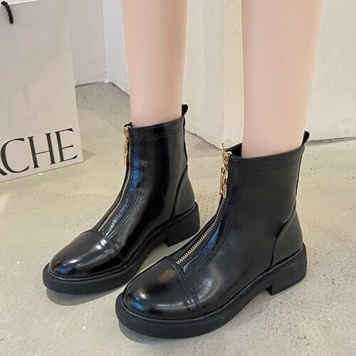 New Women 2021 Martin Boots Fashion Spring Autumn Round Toe Square Heels PU Shoes Female Zipper Shoes Ladies Ankle Short Boot