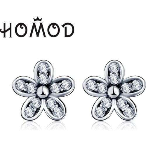HOMOD 2019 Newest Silver Color Dazzling Daisy Brand Stud Earrings with Clear CZ for Women Wedding Jewelry