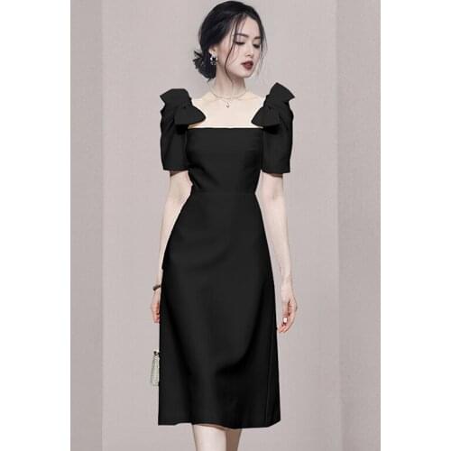 New Designer Summer Dress For Women Elegant Temperament Square Collar Bow Short Sleeve Black Office Ladies A Line Dresses