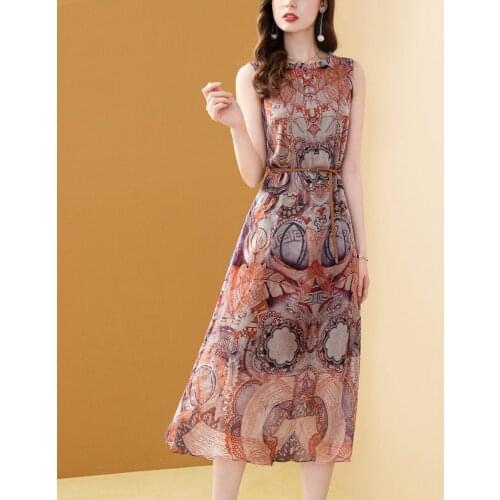 Summer Sleeveless Chiffon Dress Women Printed Vintage Sashe Bohemian Floral Long Party Dresses Female Casual O-Neck Vestidos