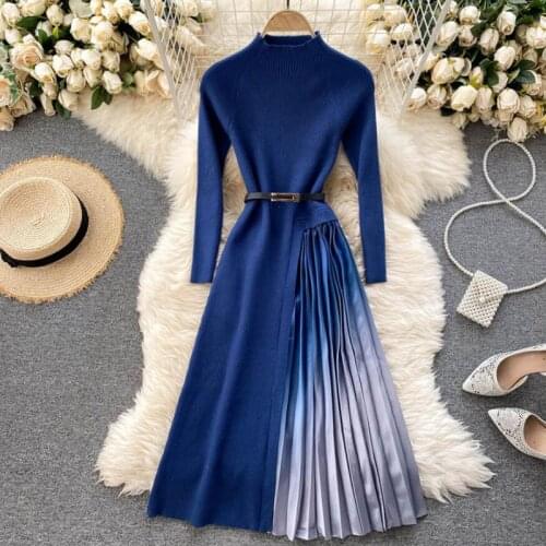 Autumn Winter Knitted Dress Women 2021 New Vintage Gradient Color Pleated Sweater Dress Elegant A-line Vestidos With Belt