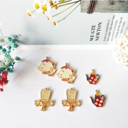 10pcs Cartoon Candlestick Teapot Charms Pendants Alloy Metal Enamel Charms For DIY Bracelets Earrings Jewelry Accessories FX154