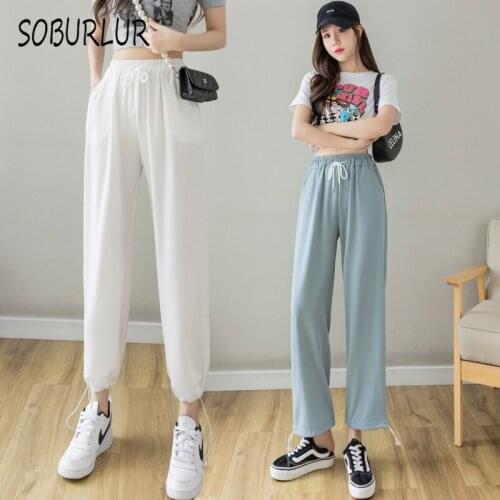 SOBURLUR Basic Womens Long Pants Korean Fashion Spring Sports Pantses All-match Classic Cargo Pant Bike Elastic Female Clothes