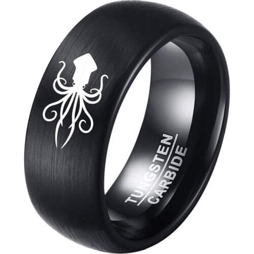 Free Engrave Name Letter Anniversary Date 8MM Black Cool Rings Tungsten Carbide Deep Sea Squid Octopus Ring