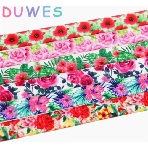 DUWES 5/8'' Free shipping flowers rose printed Fold Elastic FOE headband headwear hairband DIY decoration OEM D729