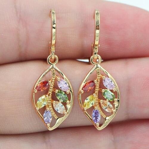Exquisite Luxury Gold Color Leaves Inlaid with Colored Stones Earring Charming Lady Drop Earring Jewelry For Women 2021 Trendy