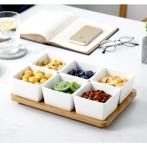 Ceramic DIY Separate Square Snacks Dish Dry Fruits Dessert Plates With Bamboo Tray Nut Salad Bowl Set Home Food Container Saucer