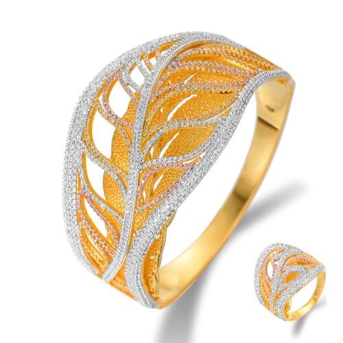 LARRAURI New Luxury Nigeria Bangle Ring Set Jewelry Sets For Women Wedding Cubic Zircon Crystal CZ Dubai Bridal Jewelry Sets