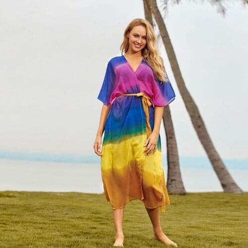 Rainbow colorful Kimono Summer beach bikini covers bohemian long stripe pattern Chiffon translucent sexy Tropical lady girl coat
