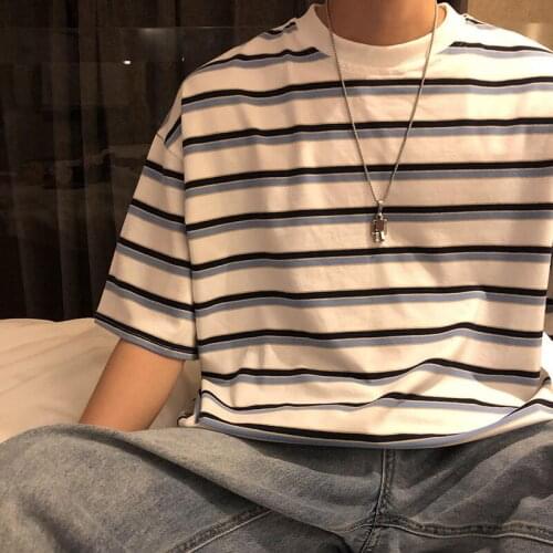 Summer Men T Shirt Striped Short Sleeve Round Neck Japanese Style Plus Size Streetwear Harajuku Hip Pop Fashion Cooton Male Tee