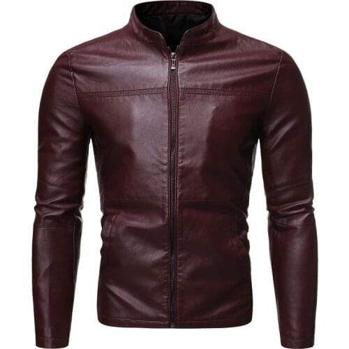Fashion stand-up collar motorcycle leather mens all-match Slim solid color windproof handsome leather jacket mens autumn