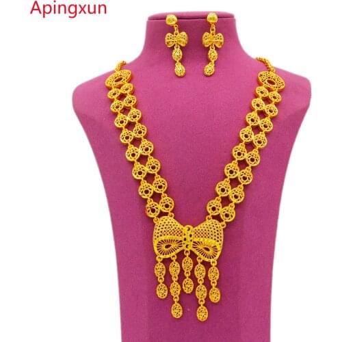 Apingxun Nice Bowknot Necklace&Earrings Set 24K Gold Color Jewelry For Women African/French/Italian Bridal Wedding Accessories