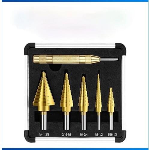 6-piece aluminum box titanium-plated inch triangle shank step drill center punch set