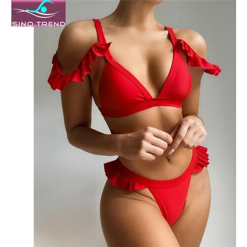 New Sexy Off Shoulder Ruffled Bikini Set 2021 Female Red Swimsuit Women Two-pieces Bather Swimwear Bathing Suit Swim Lady