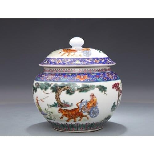 Qianlongs Famille Rose Enamel Tea Jar Caddy Guiguzi Goes Down The Mountain Tea Pot Jingdezhen Antique Porcelain Jar Collection