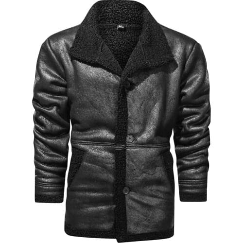 QSuper Winter Men Leather Jacket Outwear Fleece Thick Warm Mens Coats PU Long Length Turn-Down Collar Clothing US Size