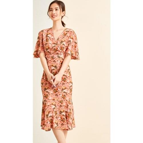 Pink v neck goose Floral Silk Dresses Women 2021 Summer Long Casual Sexy Office Work Daily Dress Plus Size Slim Fit A Line
