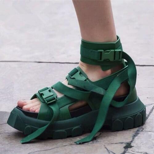 Green Summer Sandals Women Platform Creepers 6CM Heel High Top Shoes Woman Ankle Strap Sandalias Mujer Flats