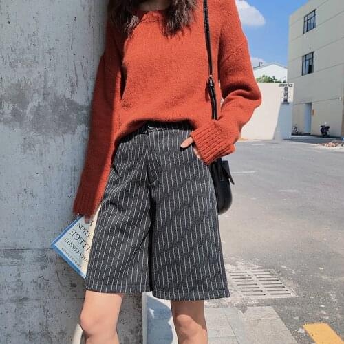 Half Length High Waist Women Woolen Shorts Winter Autumn Stripe Wide Leg Wool Shorts Female Casual Black Gray Woolen Shorts