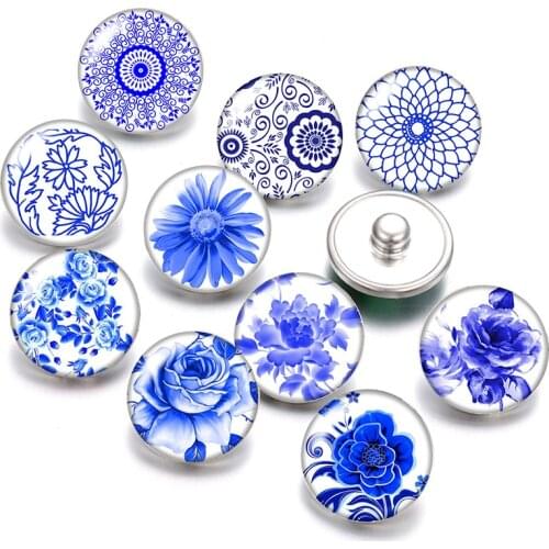Blue and white porcelain Flowers pattern 18mm snap buttons 10pcs mixed round photo glass cabochon style for snap button jewelry