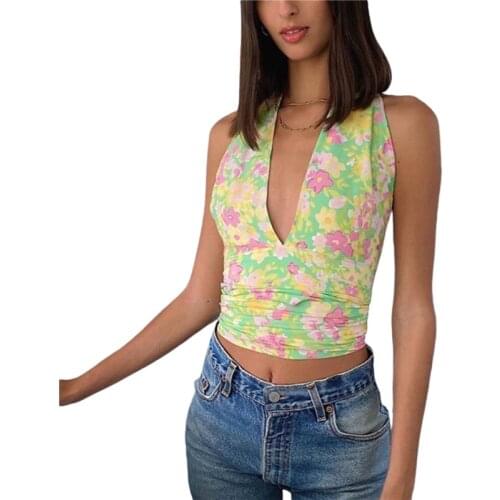 Xingqing Floral Printed Crop Top Y2k Halter Top Backless Camis Women Vintage Sweats Beach Holiday Tops 90s Aesthetic Vests