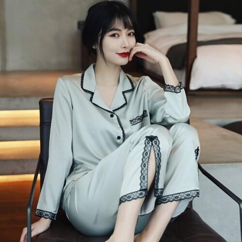 106 Spring Autumn Stain Lapel Pajama Womens Cardigan Long-sleeved Trousers Ladies Homewear Sleep Suit Loose Pajamas Sets