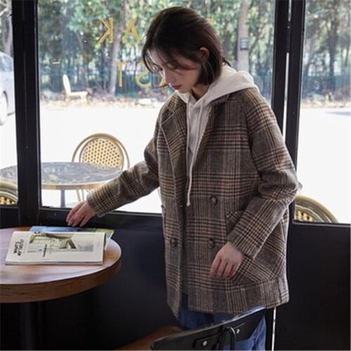 Womens Jacket Women Korean Style Vintage Plaid Loose Blazer Notched Colar Plus Size Woolen Cloth Outwears 2020