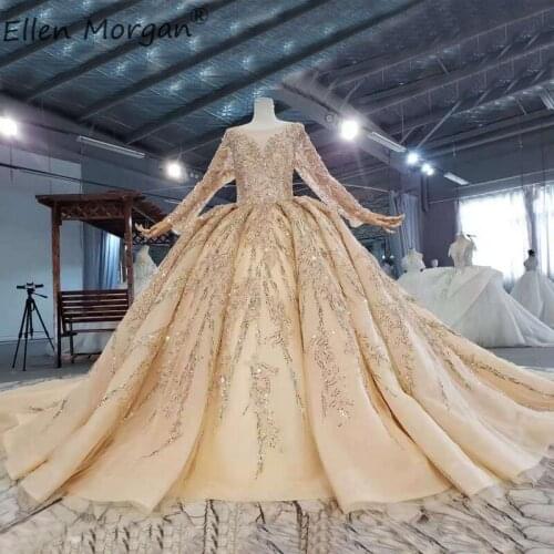 Glitter Luxury Gold Lace Wedding Dresses Long Sleeves For Women Boat Neck Beads Open Back Lace up New Vestidos De Novia 2021