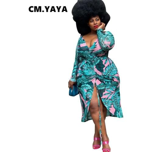 CM.YAYA Women Plus Size Dress Print Shirring A-line Splited Vestidos Vintage Fashion Dresses Sexy Cleavage Outfits Autumn 2021