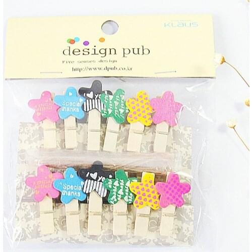 12 pcs/lot Colorful Five-pointed Star Wooden Clip Photo paper Clothespin Craft Clips Party Decoration Clip with Hemp Rope