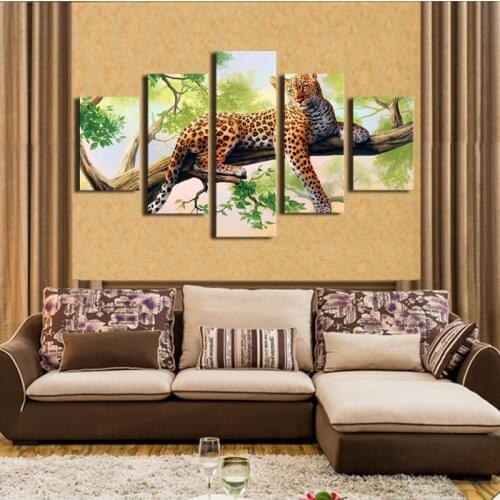 5 Panels Dark Red Leopard On The Tree HD Canvas Print Oil Painting For Modern Home Decorations Wall Art Picture Artwork Unframed