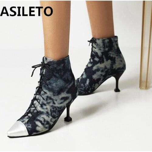 ASILETO 2021 Designer Fashion Ankle Boots for Women Demin Pointed Toe Thin Needle Stiletto Heel Lace Up Blue Yellow 48 S2444