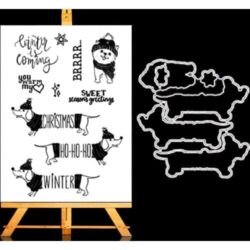 AZSG Christams Winter Dogs Clear Stamps Cutting Dies For DIY Scrapbooking/Album Card Make Decorative Rubber Stamp Craft