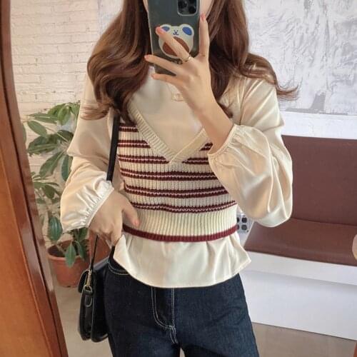 Sleeveless Knitted Vest Top Women 2 Piece Set 2020 Autumn Winter Vintage Striped V-Neck Camisole and Blouse White Korean Style