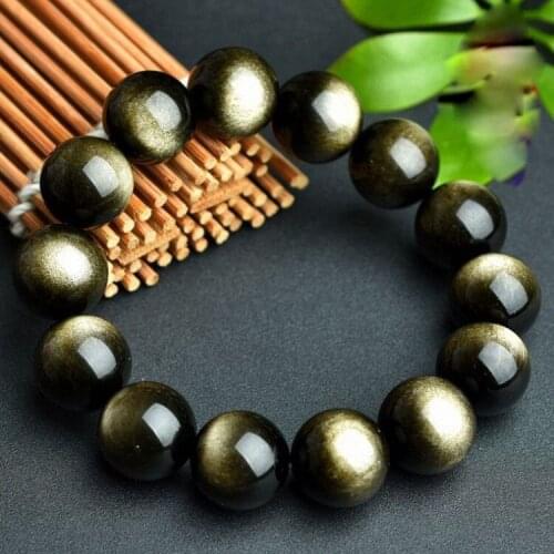 18mm Big Genuine Natural Stone Gold Obsidian Round Beads Bracelets For Women And Men Charm Elastic Powerful Stretch Bracelet