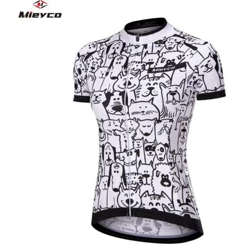 Quick Dry Women White Cartoon Pattern Cycling Jersey Spring Anti-Pilling Eco-Friendly Bike Clothing Road Team Bicycle Wear Shirt