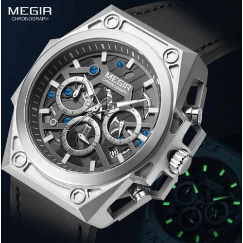 MEGIR stainless Steel Watches Men 2020 Luxury Brand Military Sports Wristwatch Leather Strap Chronograph Quartz Watch Waterproof
