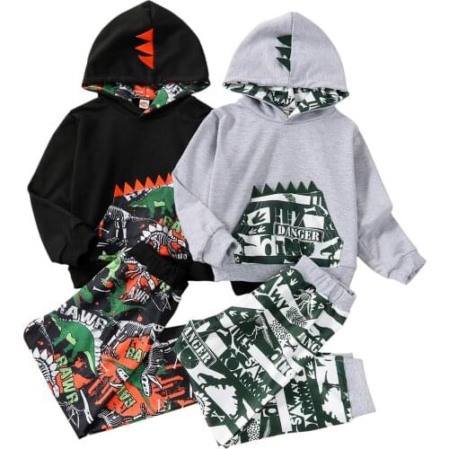 Infant kids Baby Boys Dinosaur Print Clothes Set, Long Sleeve Leisure Hooded Tops+Elastic Waist Trousers 18M-6T