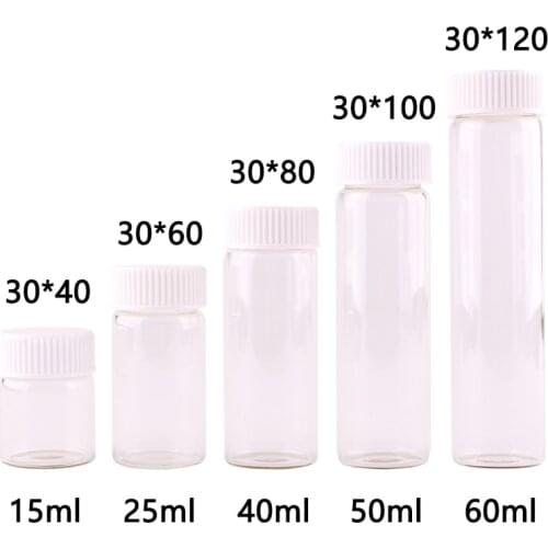 Dia 30mm 15ml 25ml 40ml 50ml 60ml Transparent Glass Spice Bottles Jars Terrarium with White Plastic Lid Wedding Craft 24pcs