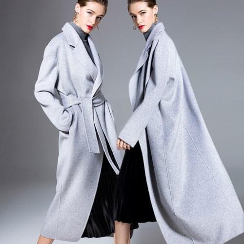 Long woolen blends cashmere coats for women 2019 autumn winter ladies jackets plus size overcoat double sided silver grey