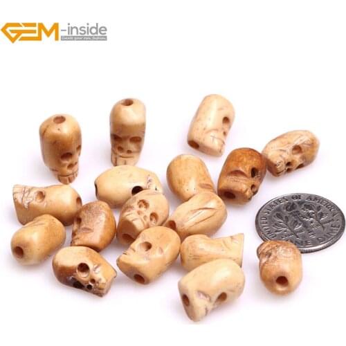 Gem-inside 9x13mm Natural Antique Carved Bone Skull Beads For Halloween Jewelry Making Decoration Sphere Bulk 17pcs DIY