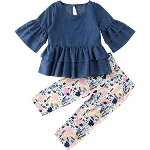 Toddler Kids Baby Girls Flower Top Denim Dress+Floral Print Pants Leggings 2pcs Outfits Clothes Size 2-6Y