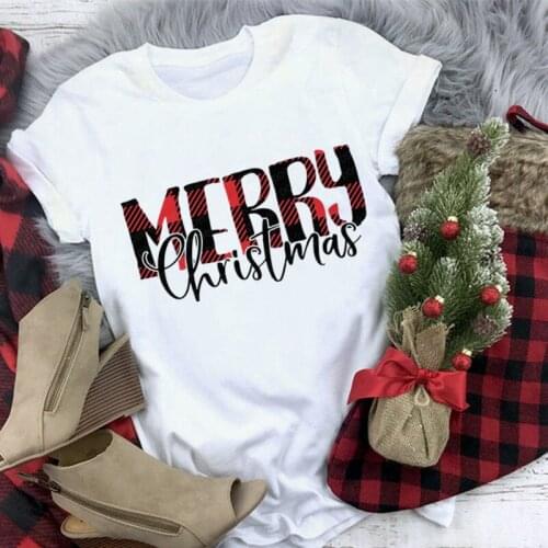 Merry christmas plaid letter T Shirt women print christmas tshirt 2019 summer female white harajuku vogue o-neck clothes tops