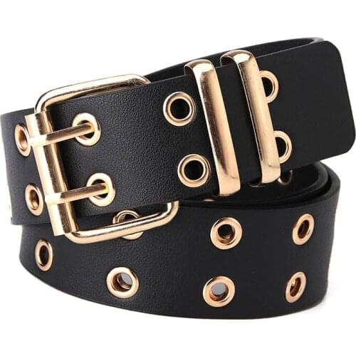 Fashion double row pin holes metal buckle belt for Women wide PU leather waist strap ladies dress belt jeans trousers waistband