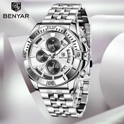 2021 New BENYAR Mens Watch Top Luxury Brand Leisure Sport Stainless Steel Chronograph Quartz Watch Men Clock Relogio Masculino