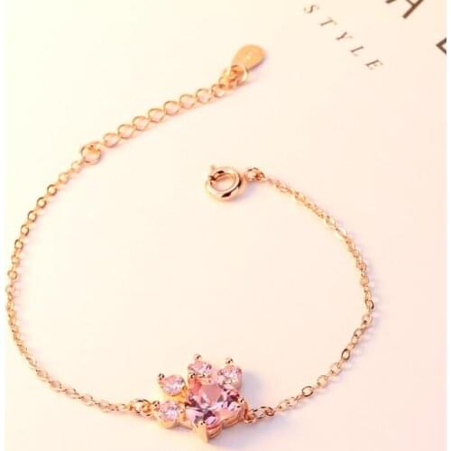 Original cute cat paw Chain 925 silver Pink zircon Bracelet for women Engagement & marriage DIY fine Jewelry gifts Free shipping
