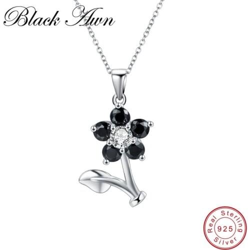 [BLACK AWN] 925 Sterling Silver Necklace for Women Black Spinel Flower Silver 925 Jewelry Necklaces Pendants P164
