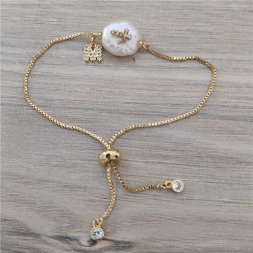 Religious tiny cz pave cross blessing initial 26 alphabet letter name charm freshwater pearl bead gold link bracelet for women