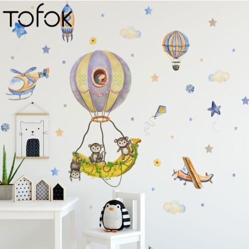 Tofok Airplane Hot Air Balloon Monkey DIY Wall Sticker Eco-friendly Children Room Cartoon Mural Decals Nursery Dorm Decorations