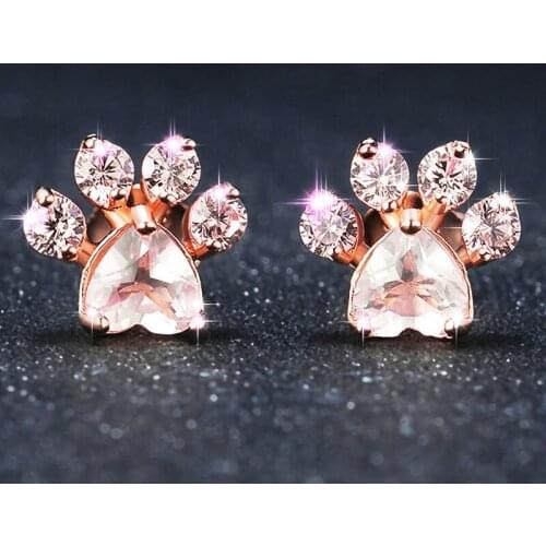HUAMI 2021 Cat Paw Earrings For Women Fashion Jewelry Pink Crystal Zircon Sweet Cute Girl Style Dog Paw Stud Earring Gift Friend